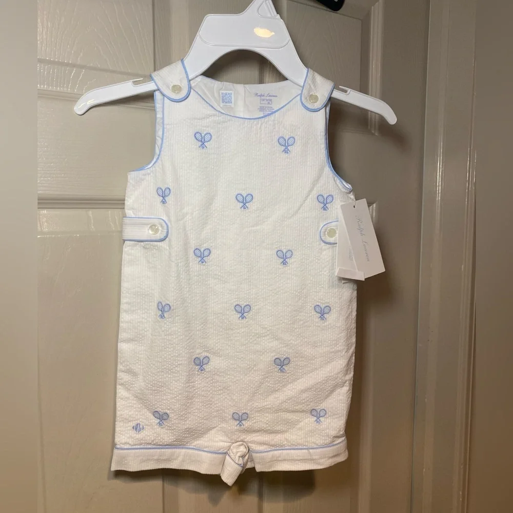 NWT Ralph Lauren Baby Seersucker Embroidered Shortall Tennis Summer‎ Spring